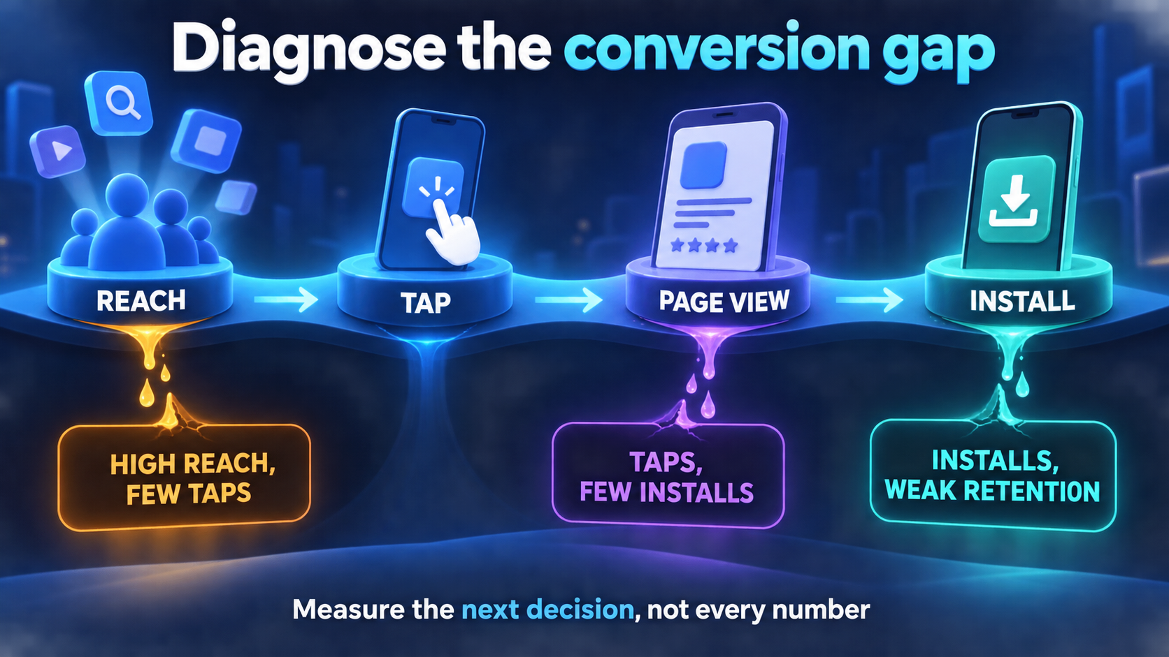Conceptual diagnostic map showing reach, tap, page view, and install stages with three conversion failure points