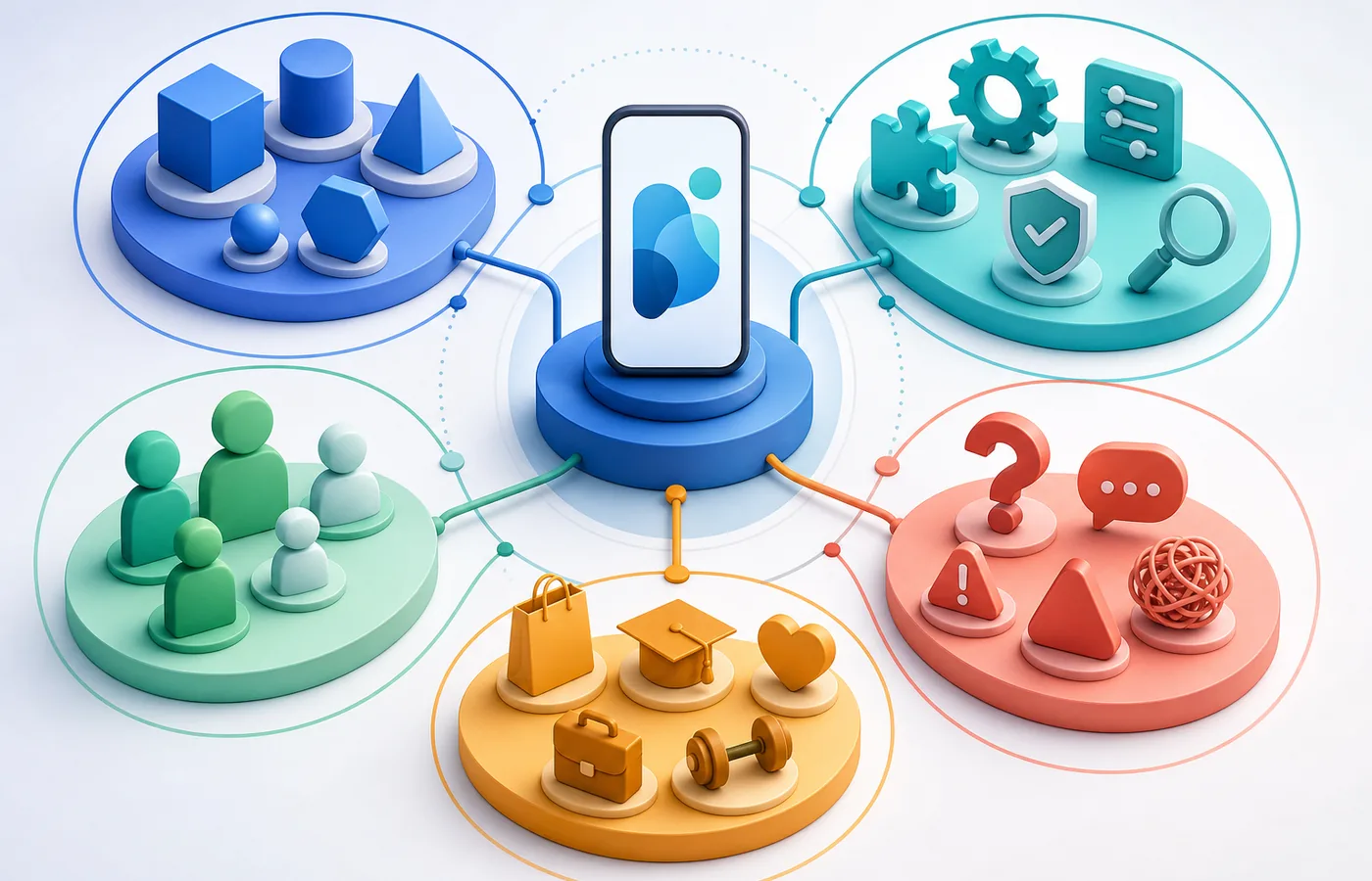 Five app keyword groups based on category, features, audience, problems and use cases