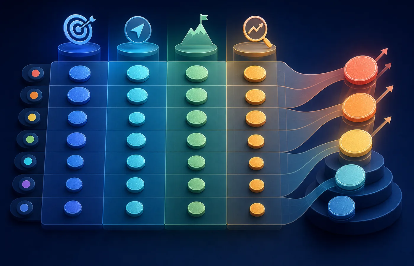 Illustrative app keyword scoring matrix balancing relevance, demand, difficulty and rank evidence