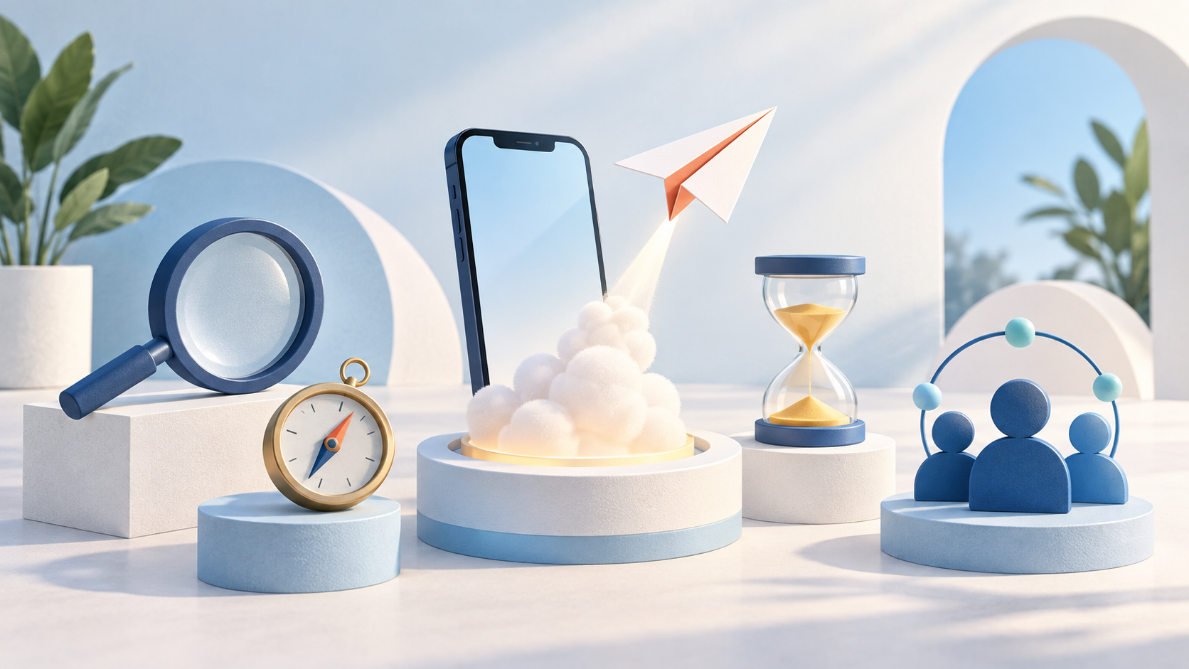 Editorial illustration of a mobile app launch surrounded by a magnifying glass, compass, hourglass, and user group