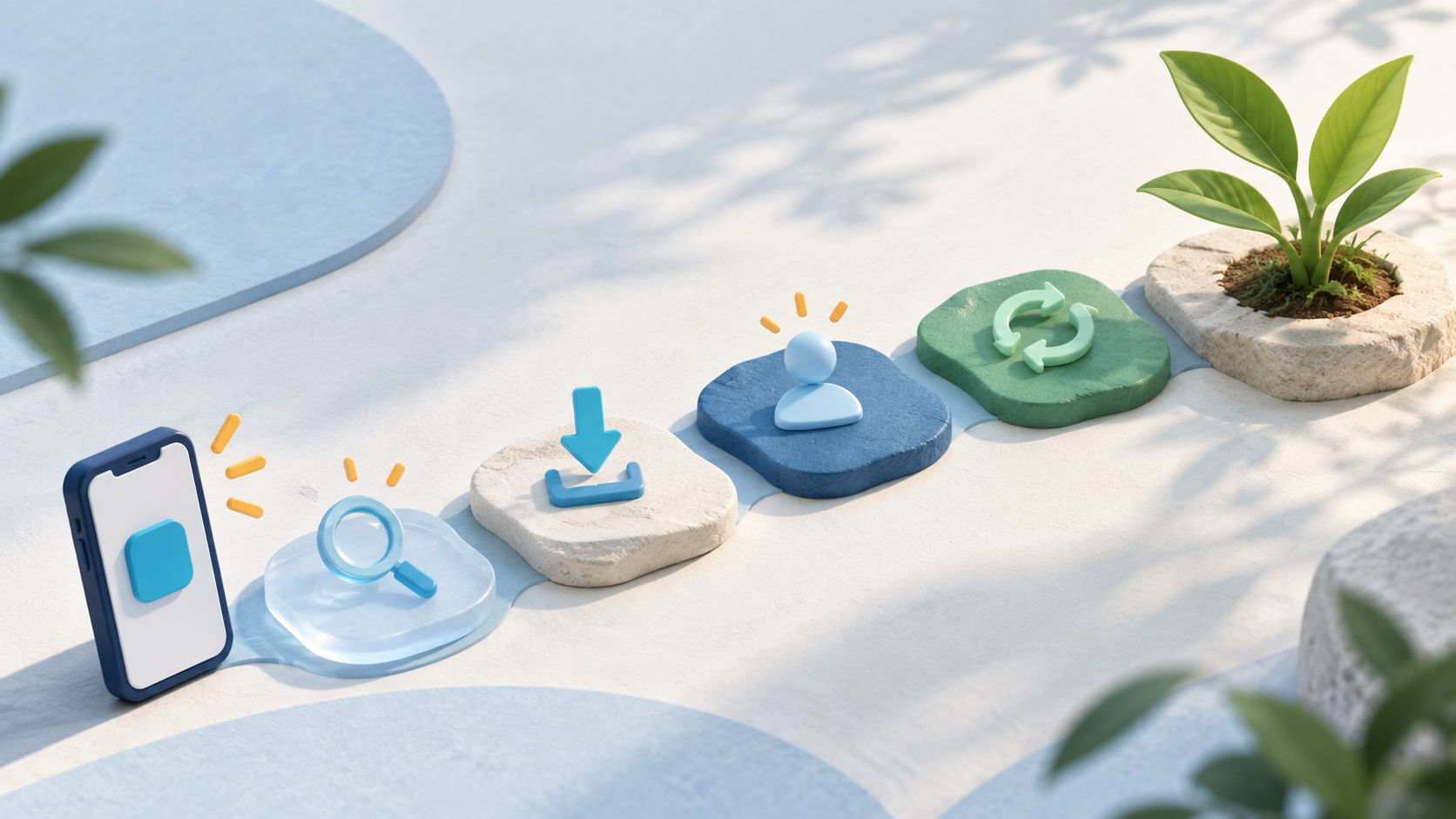Editorial illustration of a mobile app journey moving from discovery through first use, repeat use, and growth