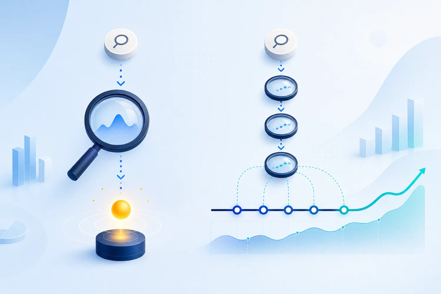 Conceptual workflow comparing a single keyword rank check with continuous app rank tracking