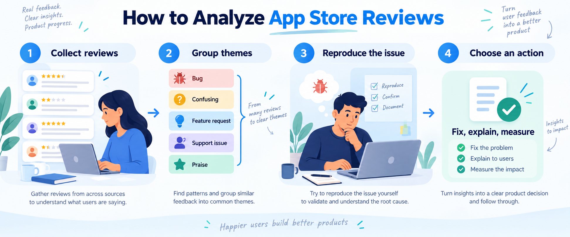 Editorial illustration showing a four-step workflow for analyzing app store reviews