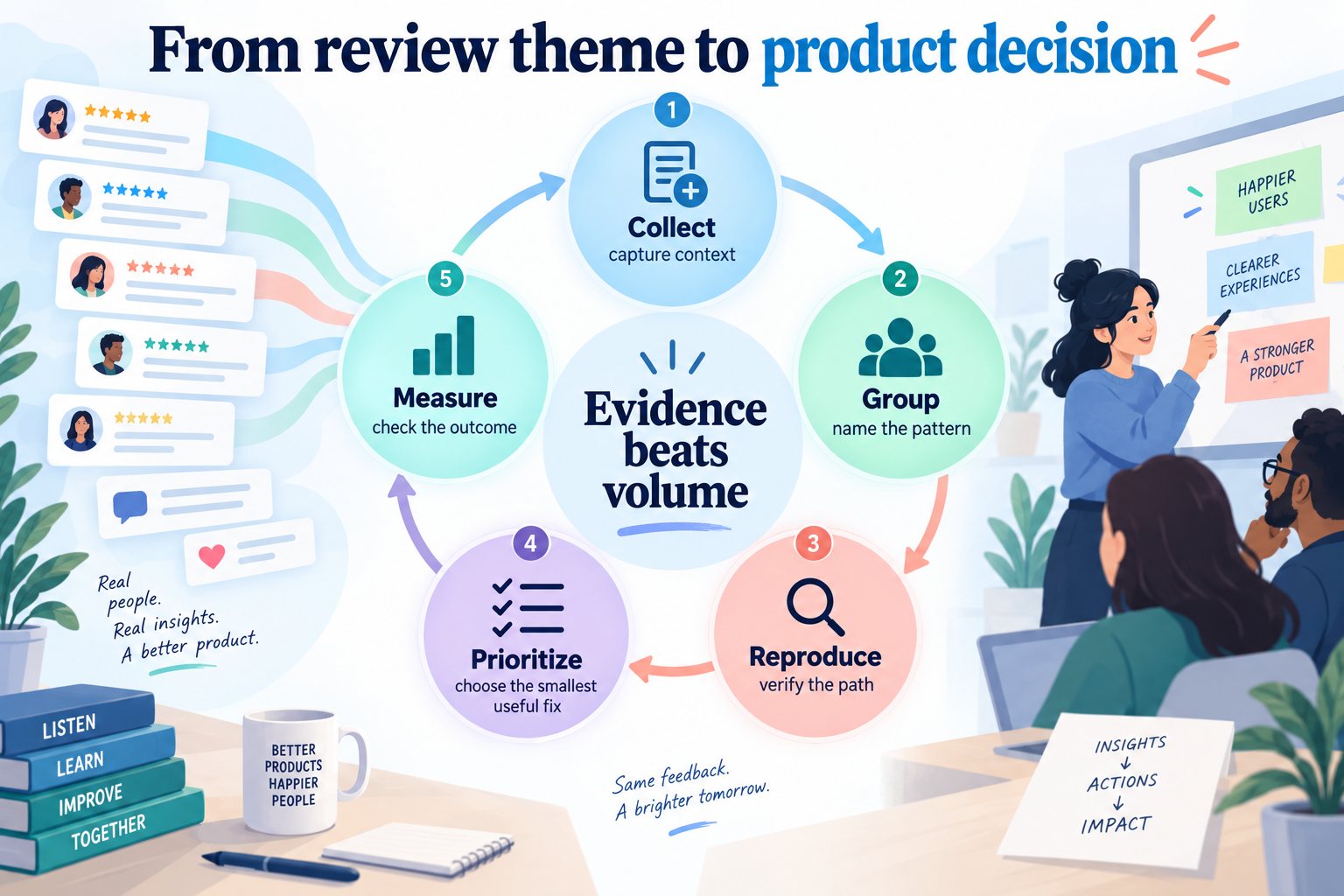 Editorial illustration showing a five-step loop from app review theme to product decision