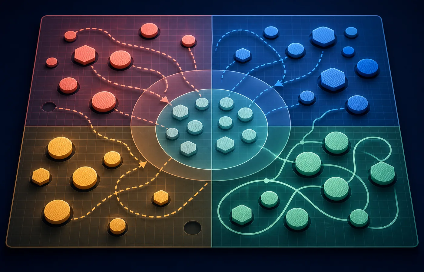 Matrix of shared visibility, competitor-only gaps, defensive terms, and discarded mismatches