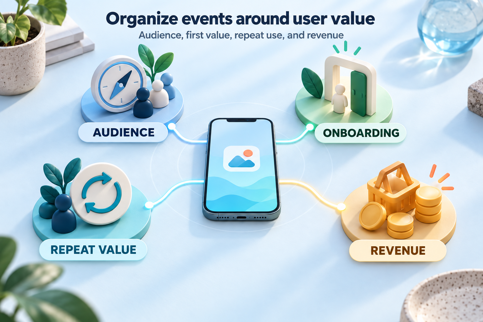 Diagram showing a mobile app event taxonomy labeled Audience, Onboarding, Repeat Value, and Revenue