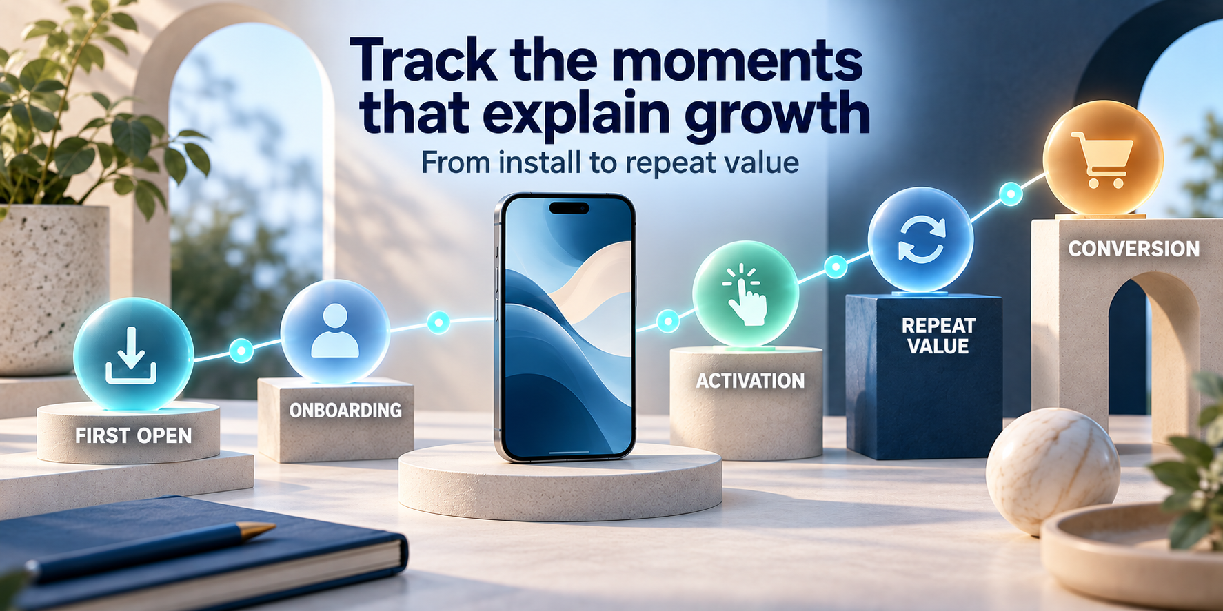 Diagram showing a mobile app analytics journey labeled First Open, Onboarding, Activation, Repeat Value, and Conversion