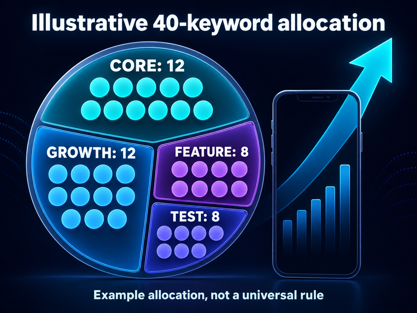 Illustrative forty-keyword portfolio divided among core, growth, experimental, and defensive terms