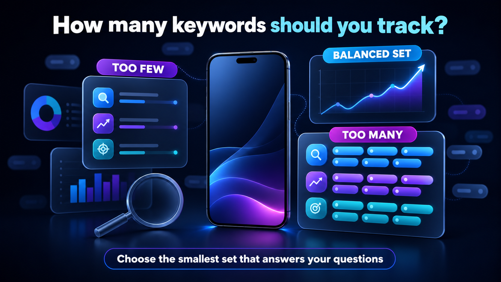 Illustration showing an organized set of app keywords surrounding a mobile ranking analytics concept
