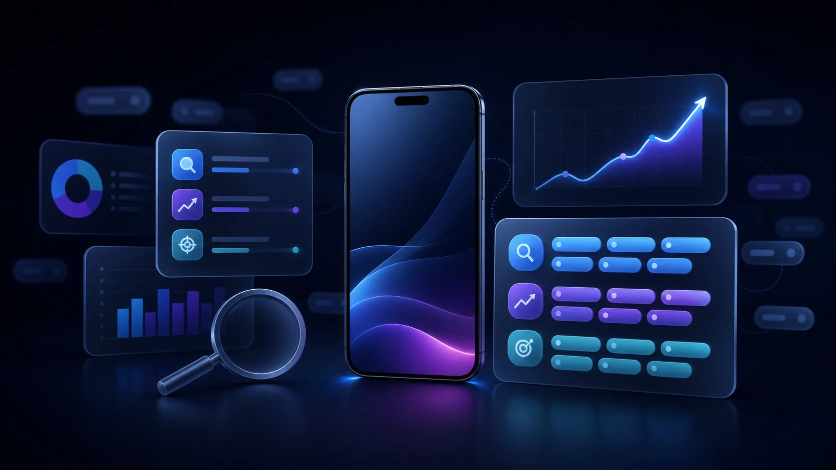 Illustration showing an organized set of app keywords surrounding a mobile ranking analytics concept