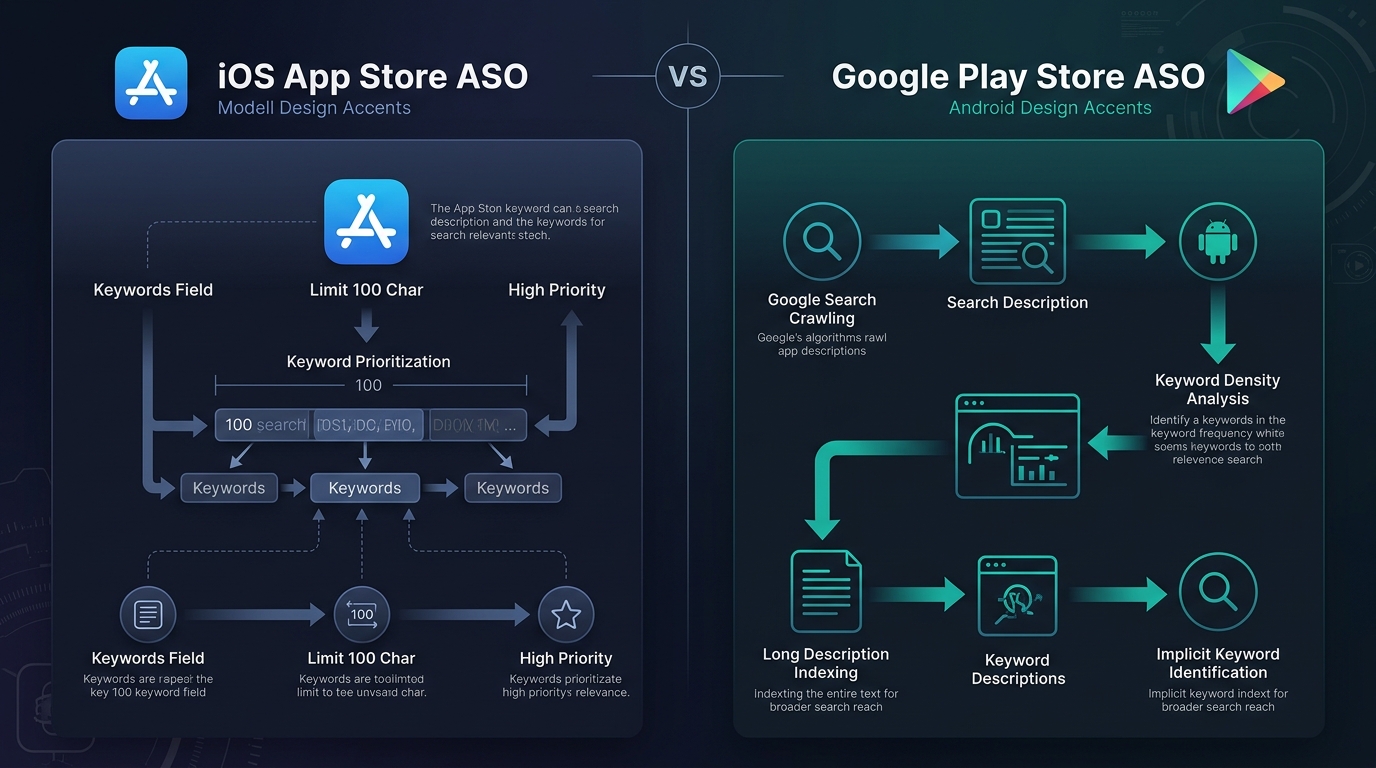 Technical comparison diagram of iOS App Store vs Google Play Store App Store Optimization architecture