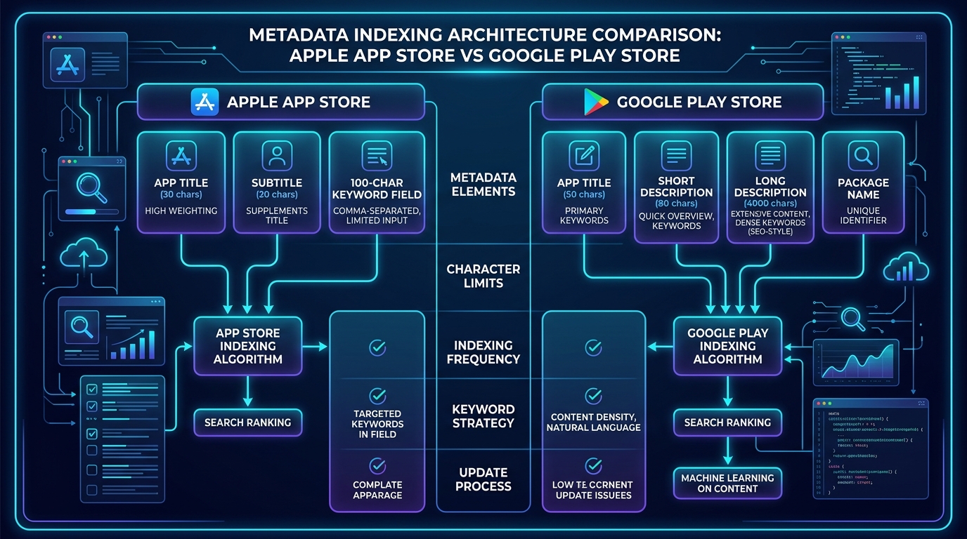 Informative comparison matrix illustrating metadata elements and character limits between Apple App Store and Google Play Store