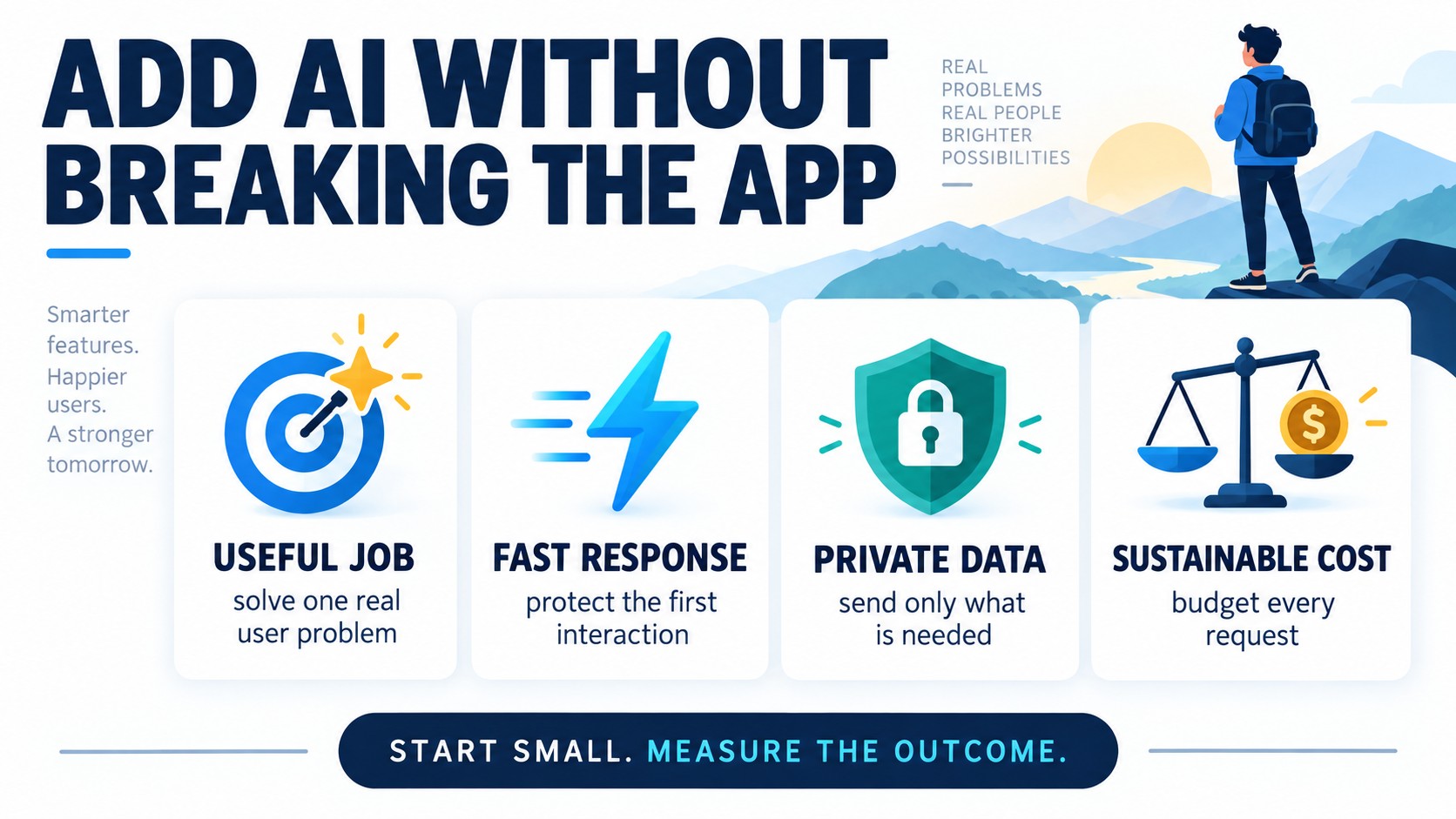 Four principles for adding AI features to a mobile app: useful job, fast response, private data, and sustainable cost
