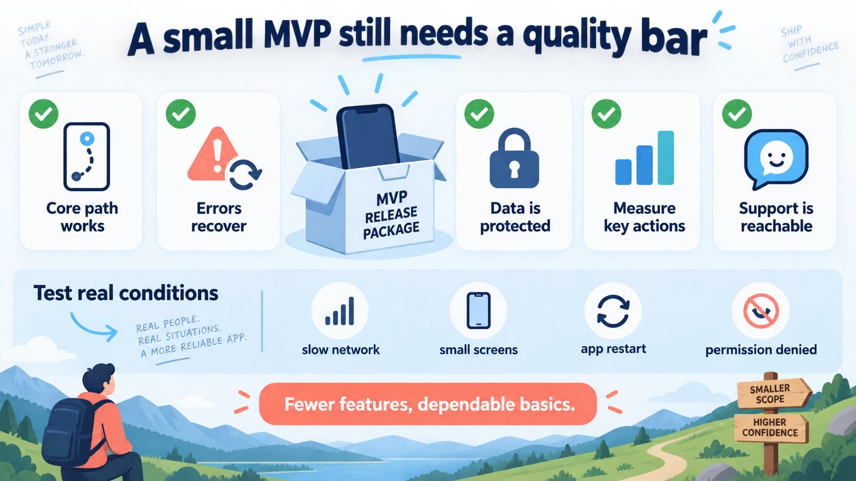 MVP launch checklist: core path works, errors recover, data is protected, key actions are measured, and support is reachable