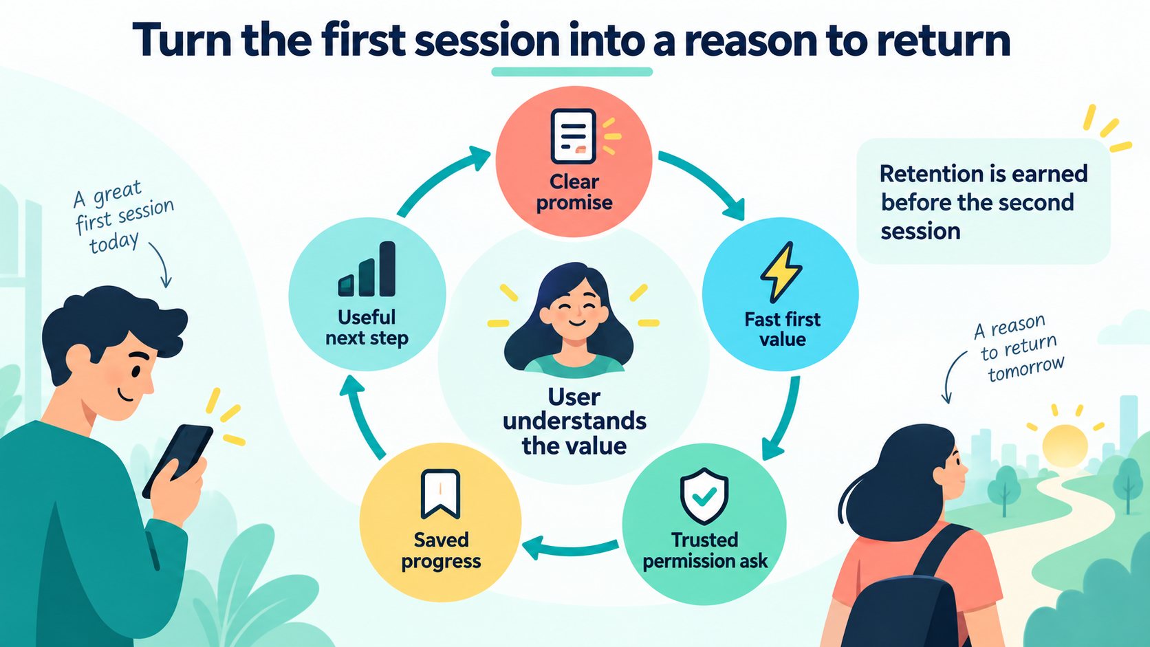Retention loop showing clear promise, fast first value, trusted permission request, saved progress, and useful next step