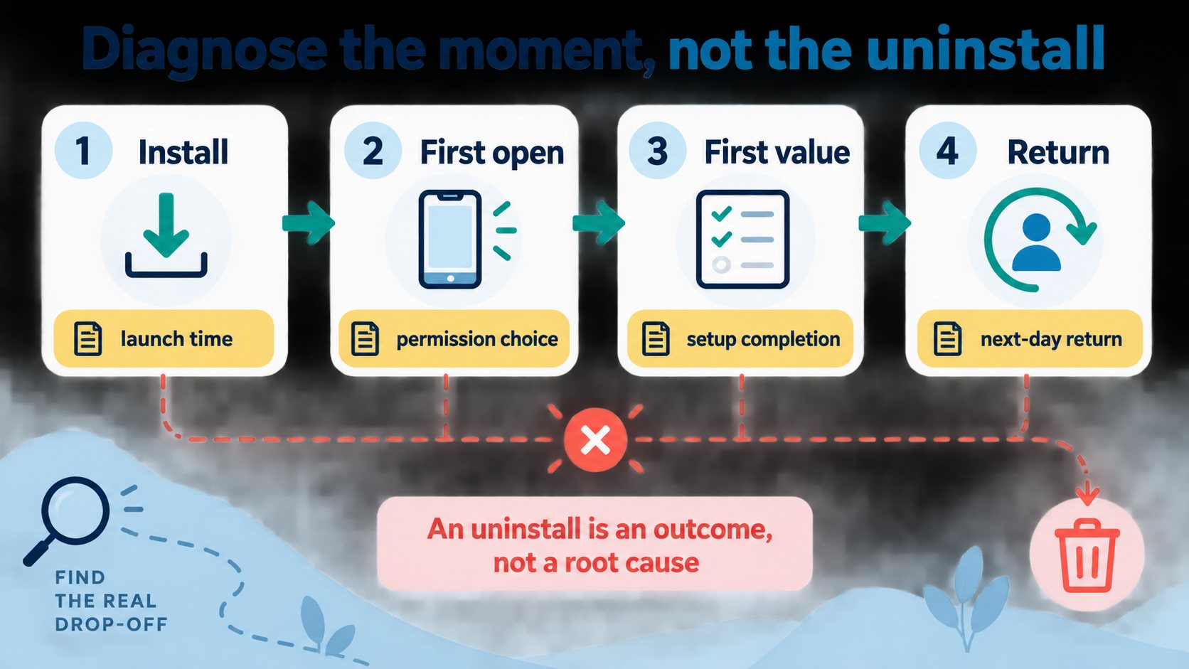 Diagram showing install, first open, first value, and return stages used to find the real uninstall drop-off