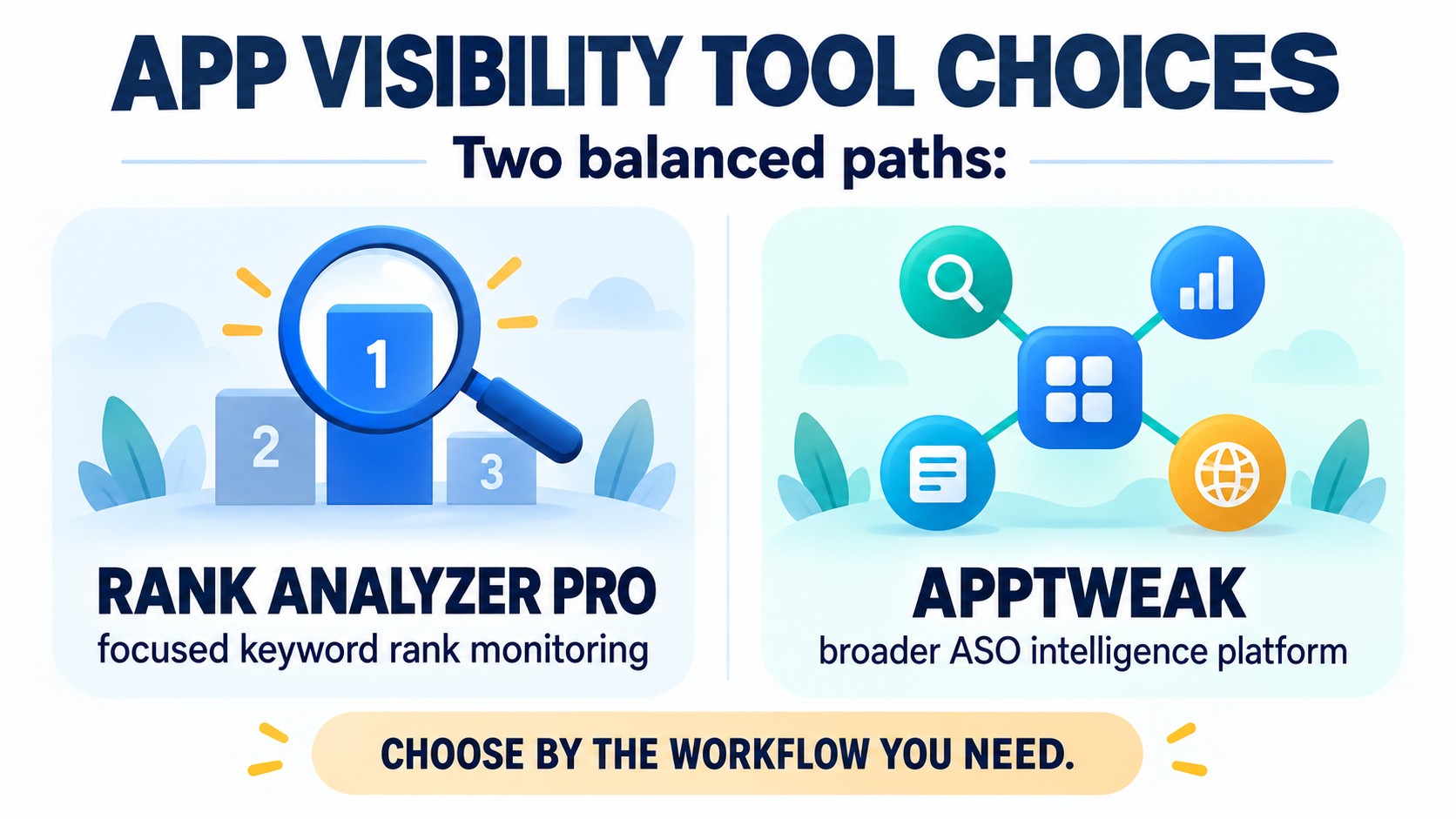 Editorial comparison of Rank Analyzer Pro and AppTweak app visibility workflows