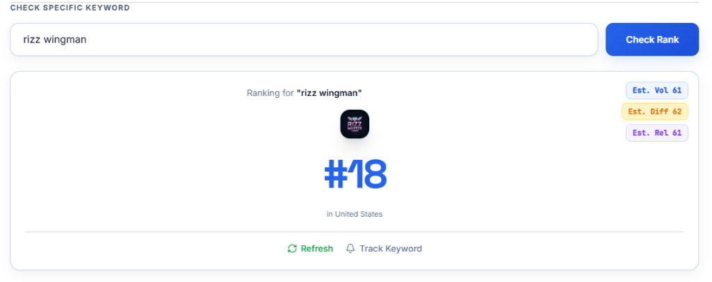 Rank Analyzer Pro specific keyword rank check showing a verified position