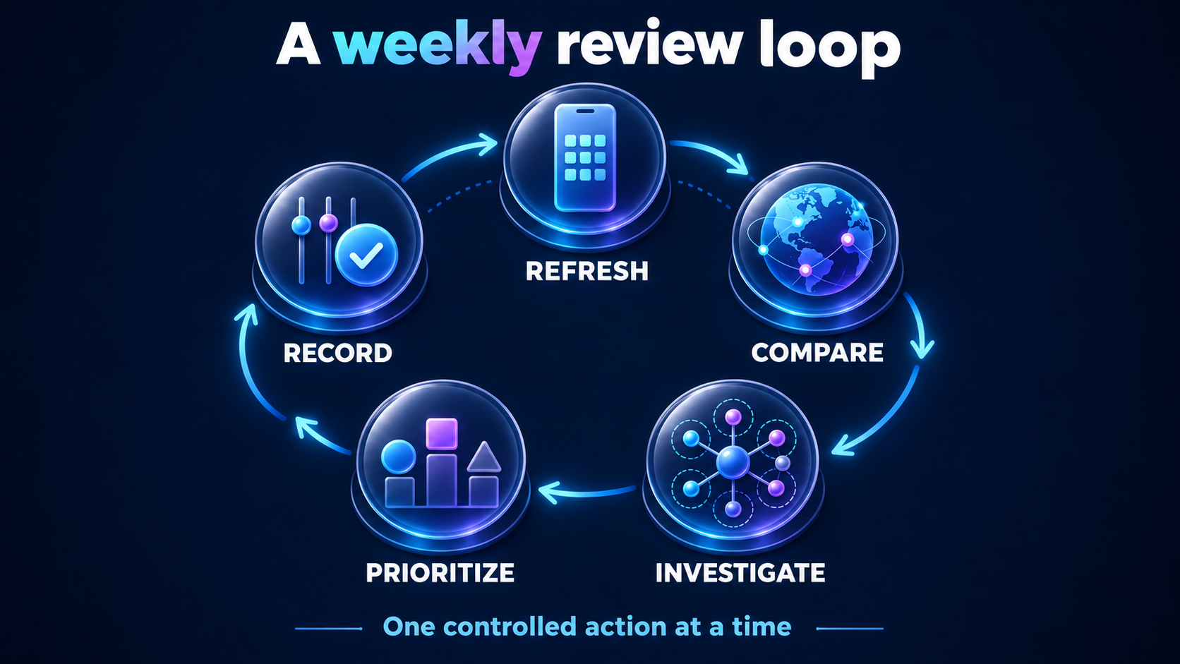 Seven-step workflow for reviewing app keyword rankings and choosing a controlled action