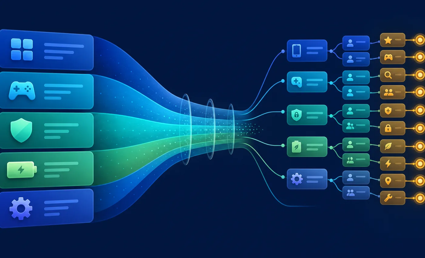Illustrative spectrum from broad Android category keywords to specific use-case phrases