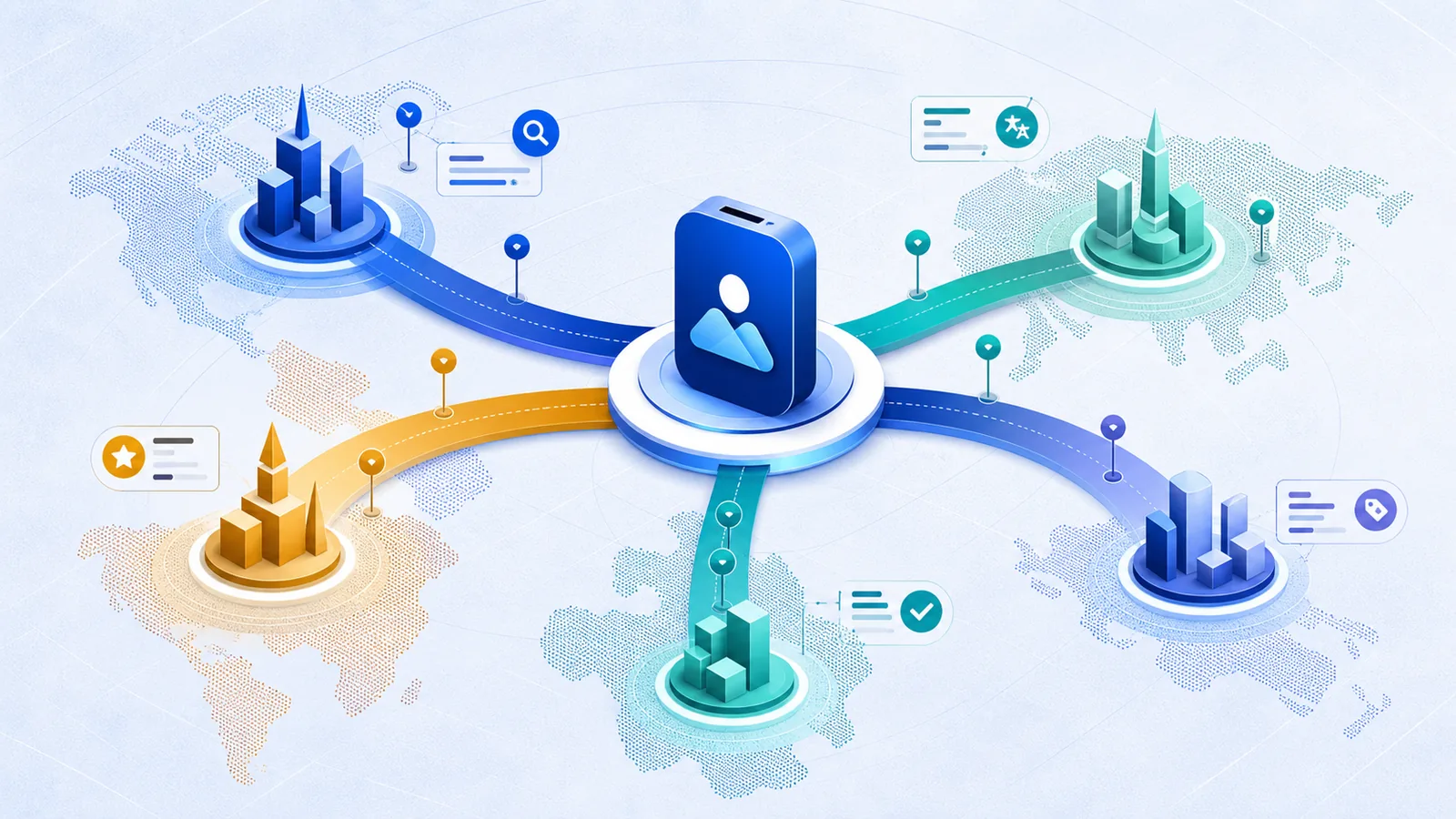 Conceptual illustration of iOS keyword rankings across different App Store markets