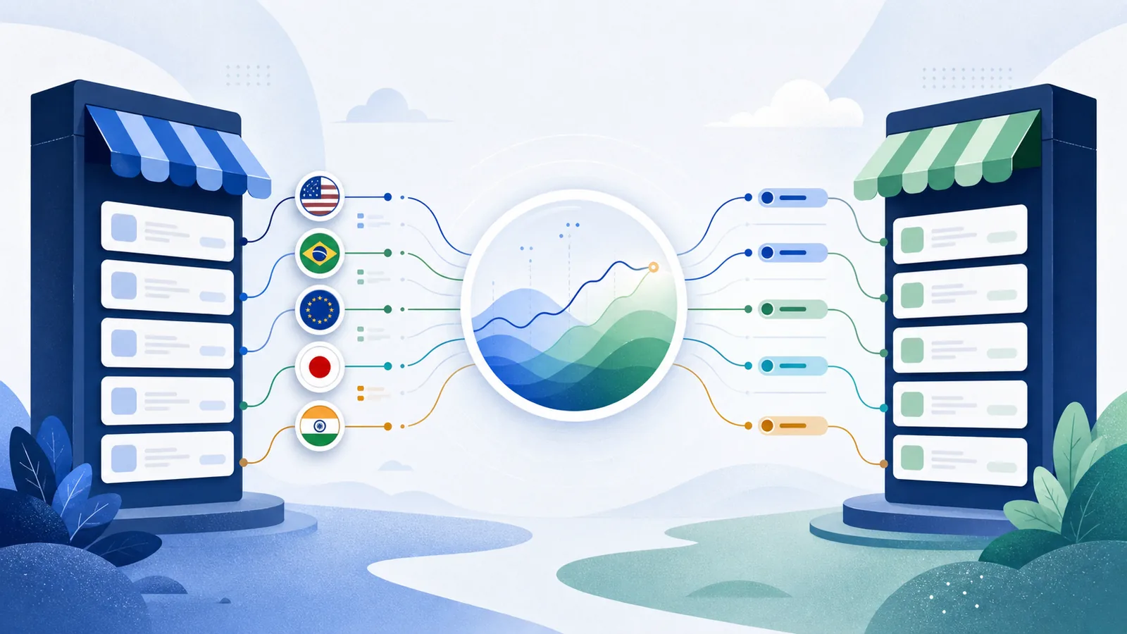 Conceptual illustration of ASO keyword rankings across two app stores and multiple countries