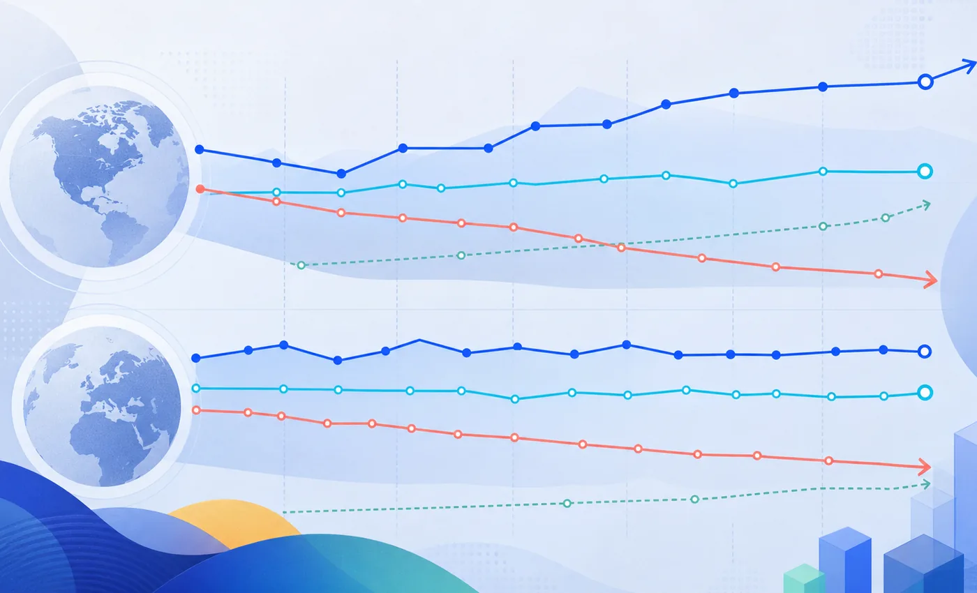 Illustrative fourteen-day ASO keyword ranking history across different markets