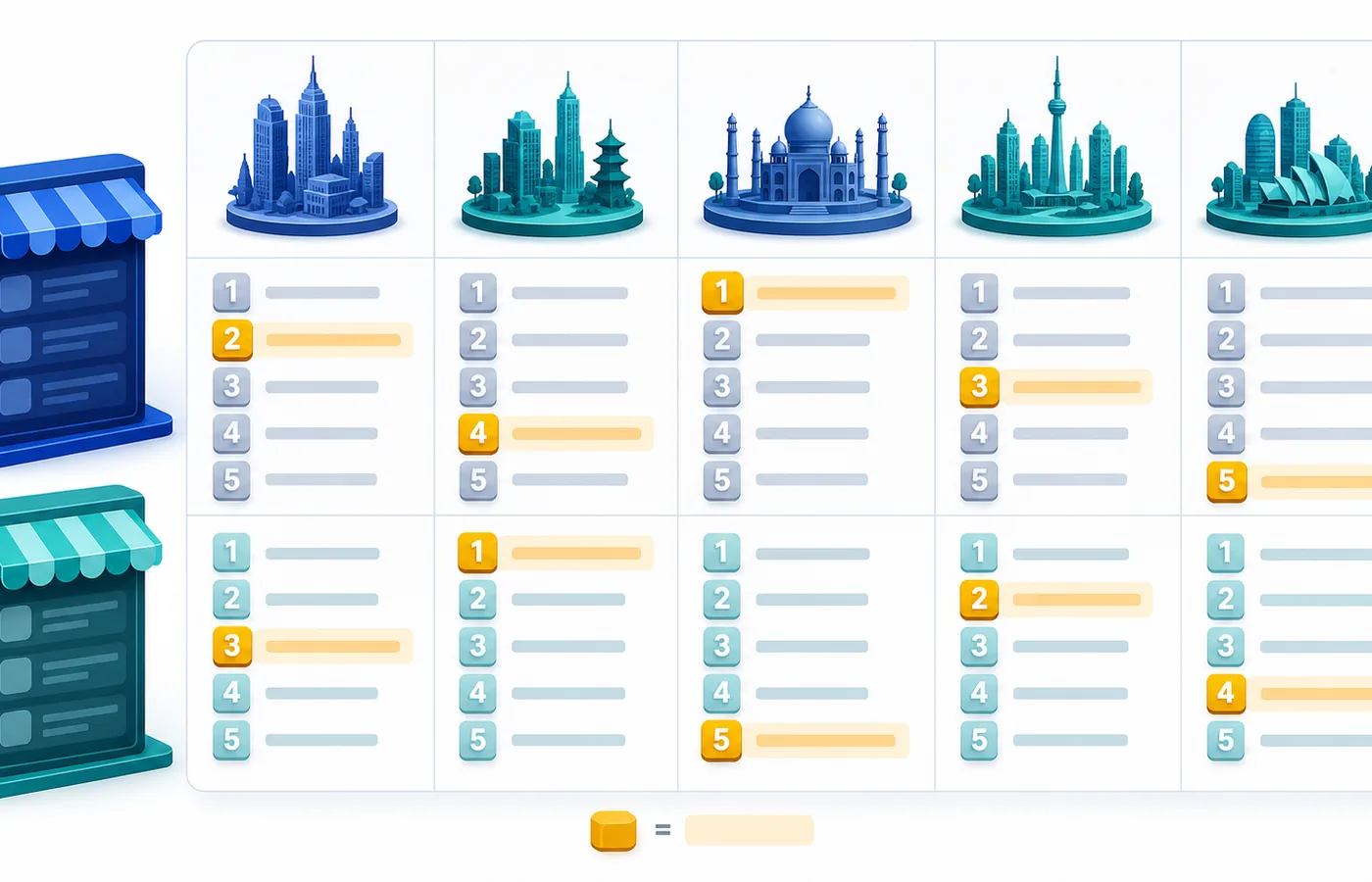 Conceptual matrix showing different app keyword positions by store and country